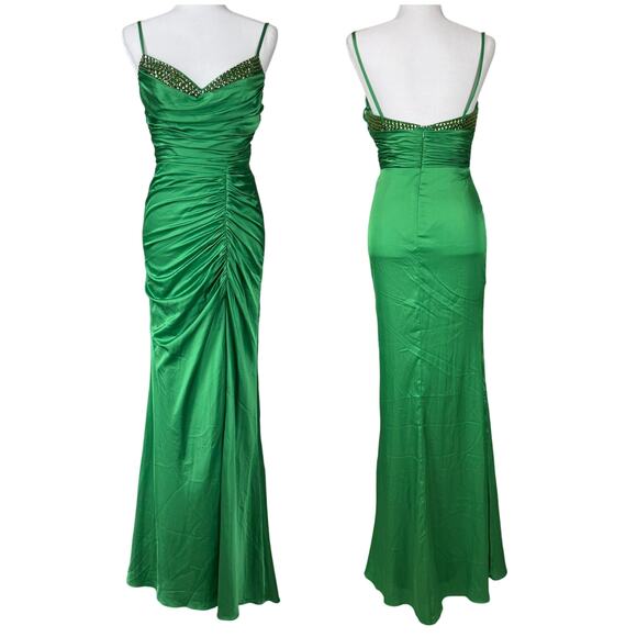 Mac Duggal NWT Spring Green Satin Ruched Rhinestone Bust Mermaid Maxi Gown Sz 2 - Picture 1 of 7